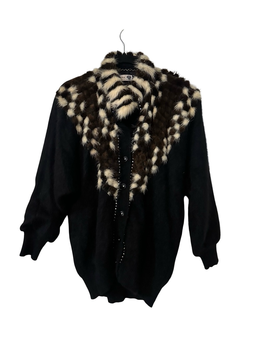 VTG 80s Laura Angora Knit Chevron Real Fur Cardigan Jacket